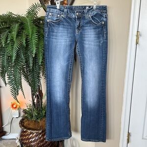 Miss Me Vintage Rhinestone Studded Y2K Mid Rise Bootcut Denim Washed Blue Jeans